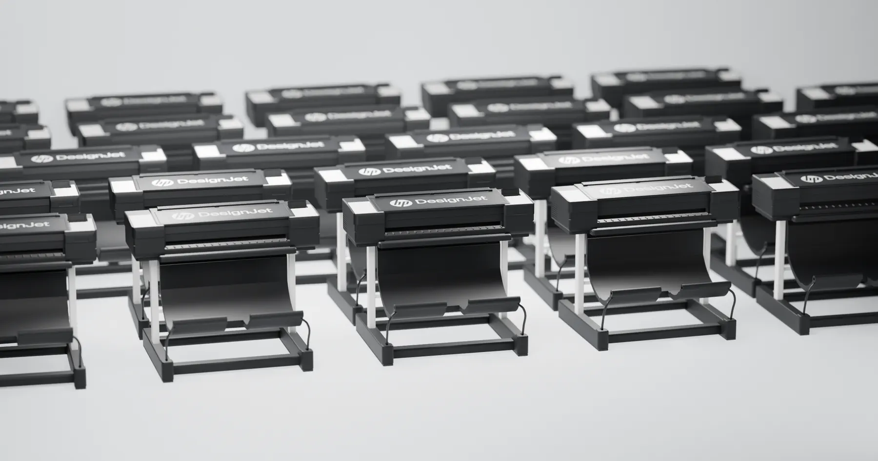 Render de estudio de la serie de miniaturas del plotter HP DesignJet ordenadas en filas