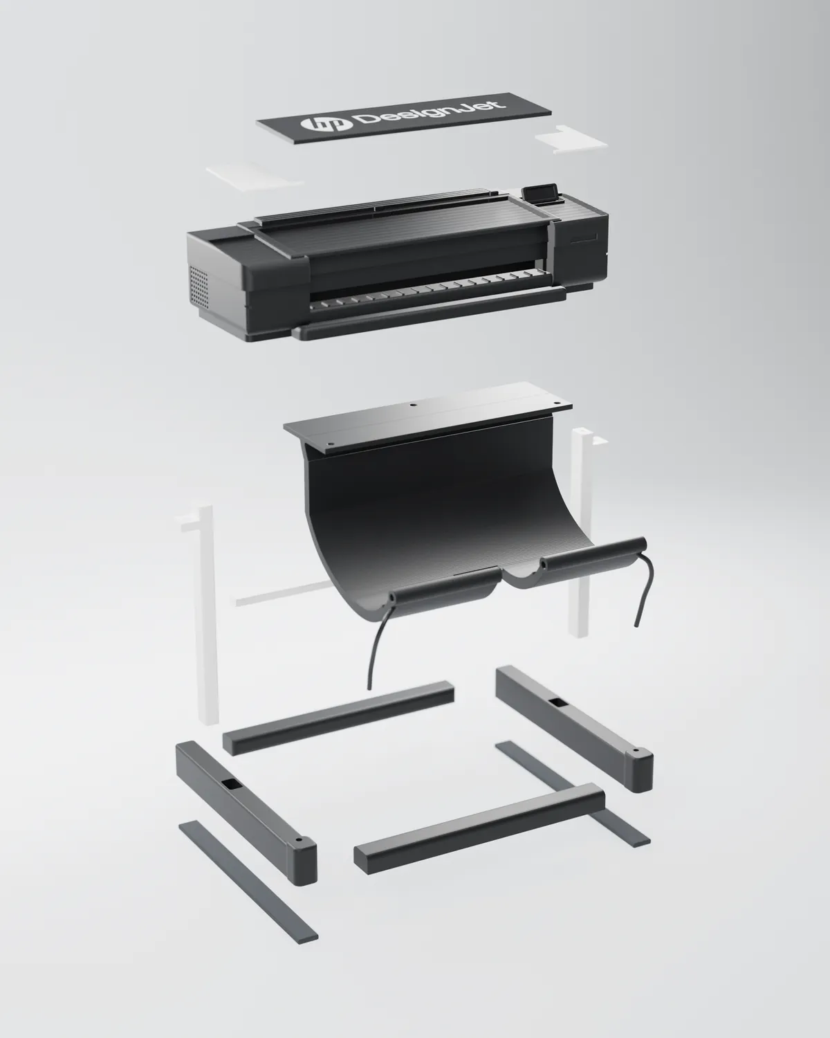 Vista explotada de la miniatura del plotter HP: goma EVA, base, columnas, bandeja con caños de filamento TPU, cuerpo, terminaciones blancas y placa con el logo, separadas en el orden de armado